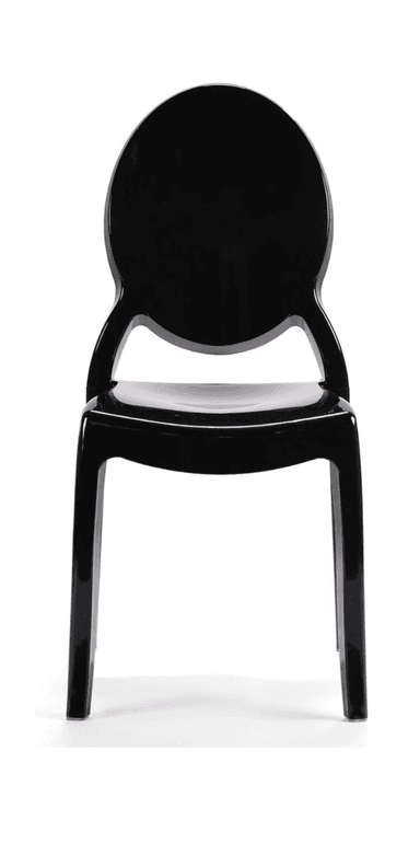 A modern, molded plastic chair with a high-gloss black finish. It features a round, disc-shaped backrest that appears to be connected to the seat and legs through curved supports. The seat is contoured for comfort, and the four legs are slender and slightly tapered. The overall design is sleek and contemporary, likely intended for indoor or outdoor use. — 3D model