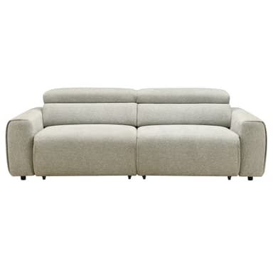 A contemporary modular chaise sectional sofa upholstered in a light grey or beige textured fabric, featuring a low-profile design with integrated back cushions and an extended armrest or chaise component. The sofa section is supported by discreet black feet. — 3D model