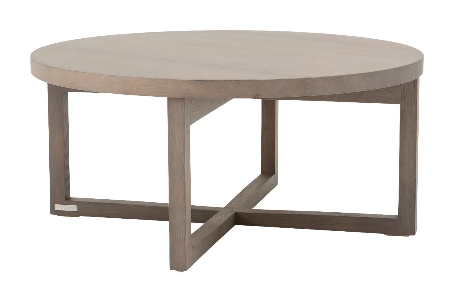 A modern round coffee table featuring a solid circular tabletop and a distinctive cross-base design. The entire table is constructed from wood with a light gray or taupe wash finish, showcasing a contemporary aesthetic with clean lines. — 3D model