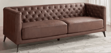 A contemporary two-seater sofa featuring deep button tufting on the backrest and interior armrests, upholstered in a rich brown leather or faux leather. The sofa has a sleek, boxy silhouette with clean lines and stands on slender, angled black metal legs. It includes two removable seat cushions. — 3D model
