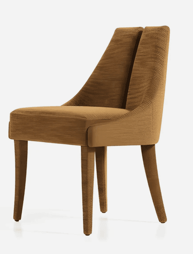 A contemporary dining chair characterized by its full upholstery in a golden-brown, finely ribbed fabric. The chair features a distinctive split backrest and four slender, tapered legs, all seamlessly covered in the same textured material, presenting a cohesive and modern aesthetic. — 3D model