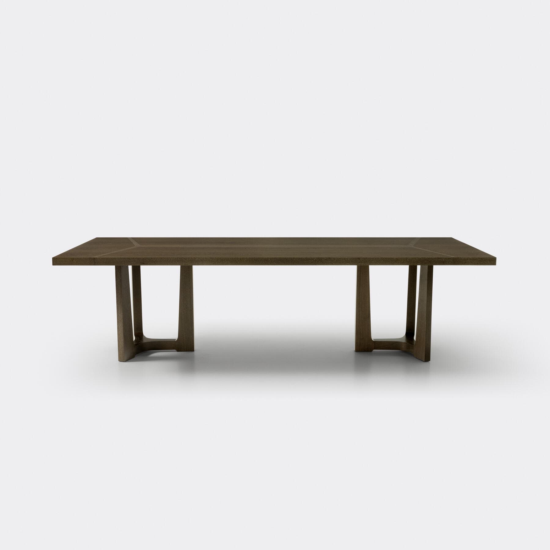 A rectangular dining table with a dark wood finish. The tabletop features subtle geometric inlays. It is supported by two sets of U-shaped legs, with each set consisting of two angled legs connected by a horizontal base. — 3D model
