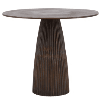 A dark brown side table with a round, thin tabletop and a uniquely shaped pedestal base. The base is conical, tapering from a wider bottom to a narrower top, and features a fluted or ribbed texture with vertical lines. — 3D model