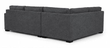 A contemporary L-shaped sectional sofa upholstered in a dark gray textured fabric, featuring clean lines, block arms, and multiple loose seat and back cushions resting on low-profile dark feet. — 3D model