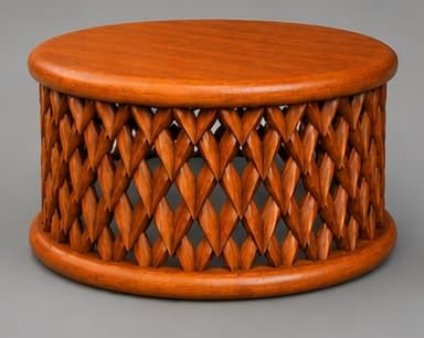 A small, cylindrical wooden table featuring a unique, intricately carved side panel. The top and bottom rims are smooth and rounded, providing a polished frame for the main body. The central section is composed of numerous interlocking, heart-shaped or pointed leaf-like wooden pieces, arranged in an open-work lattice pattern. The wood exhibits a warm, medium brown tone with visible grain, suggesting a natural finish. The design creates visual texture and allows light to pass through, contributing to its decorative appeal. — 3D model