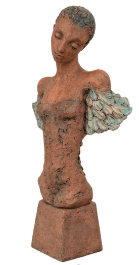 A figurative sculpture depicting the torso of a female figure, crafted from a reddish-brown terracotta or clay. The surface is highly textured, giving it a rustic or aged appearance. The figure's head is tilted slightly, with eyes closed in a contemplative pose. The shoulders feature distinct, layered wing-like structures with a blue-green patina, contrasting with the main body color. The sculpture is mounted on an integrated, simple rectangular plinth of the same material and finish. — 3D model