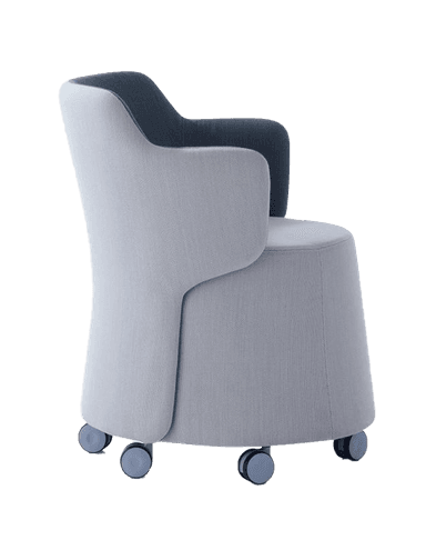 A modern armchair with a rounded, barrel-like base and a slightly flared backrest. The armchair features integrated armrests that flow into the back. It is upholstered in two distinct shades of fabric and stands on four small, dark casters. — 3D model