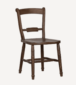 A traditional dark brown wooden chair featuring a simple, sturdy design. It has turned front legs and a straight, slightly curved backrest with a single decorative spindle element. The seat is solid and shaped for comfort. — 3D model