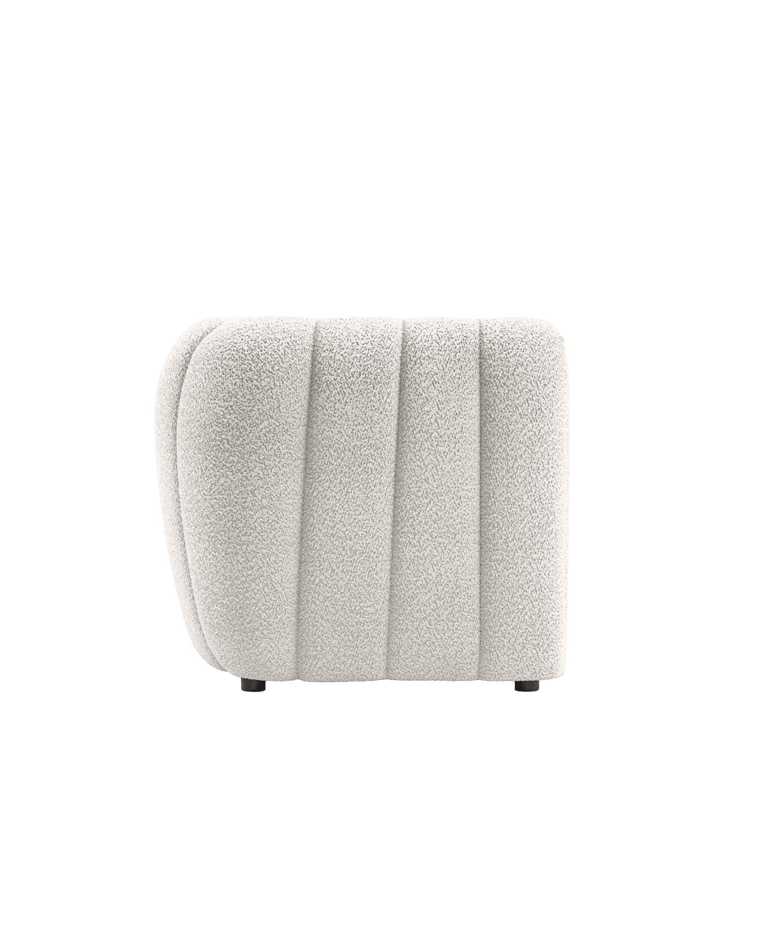 A contemporary off-white boucle ottoman with vertical channel tufting and a rounded profile. — 3D model
