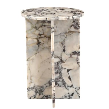 A small, round side table crafted entirely from marble. It features a circular top and a distinctive monolithic base composed of two flat, intersecting marble slabs that form a stable support. The marble exhibits a striking natural pattern with prominent veining in white, grey, and purplish-brown tones. — 3D model