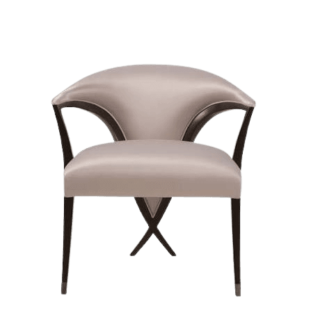 An elegant armchair featuring a deeply contoured, barrel-shaped backrest seamlessly flowing into integrated armrests. It is upholstered in a smooth, light-toned fabric, contrasted by a polished dark wood frame. The chair stands on four slender, tapered legs with metal sabots, and a distinctive X-shaped stretcher connects the rear legs. — 3D model