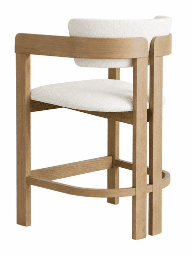 A contemporary bar stool featuring a light-colored wooden frame with integrated armrests and upholstered seat and backrest in a light-toned textured fabric. It has a sturdy four-legged base with a curved footrest. — 3D model