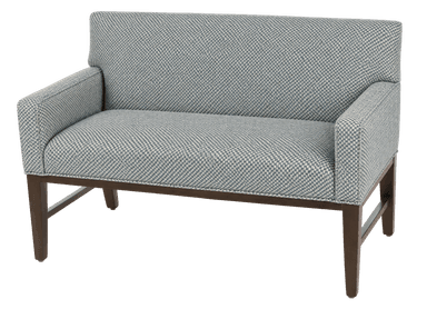 A modern upholstered armchair featuring a distinctive blue and white patterned fabric, dark wooden legs, and a single seat cushion. The arms are gently sloped. — 3D model
