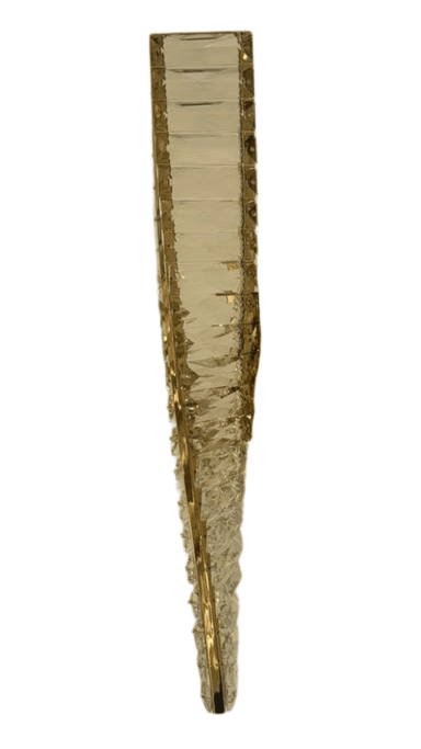 A vertical, wall-mounted lighting fixture featuring a polished gold-toned metal frame intricately embellished with numerous clear, faceted crystal elements. The crystals are arranged in a multi-tiered pattern along the central metal structure, designed to refract and reflect light. A rectangular gold-finished mounting plate is visible at the center. — 3D model