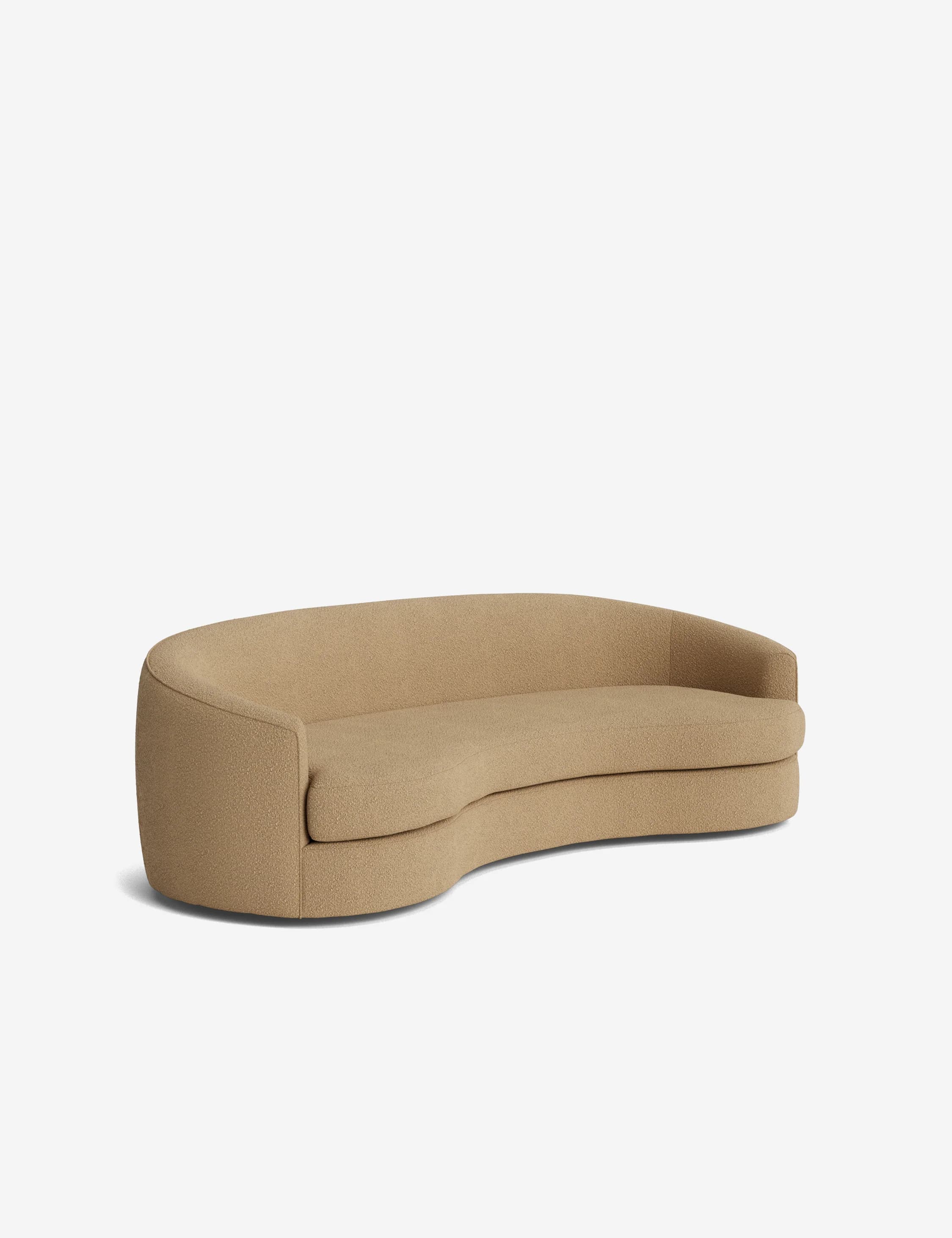 A contemporary curved sofa with a rounded silhouette. It features a single, continuous seat and backrest, upholstered in a textured beige fabric. The base appears to be dark and low-profile, creating a floating effect. — 3D model