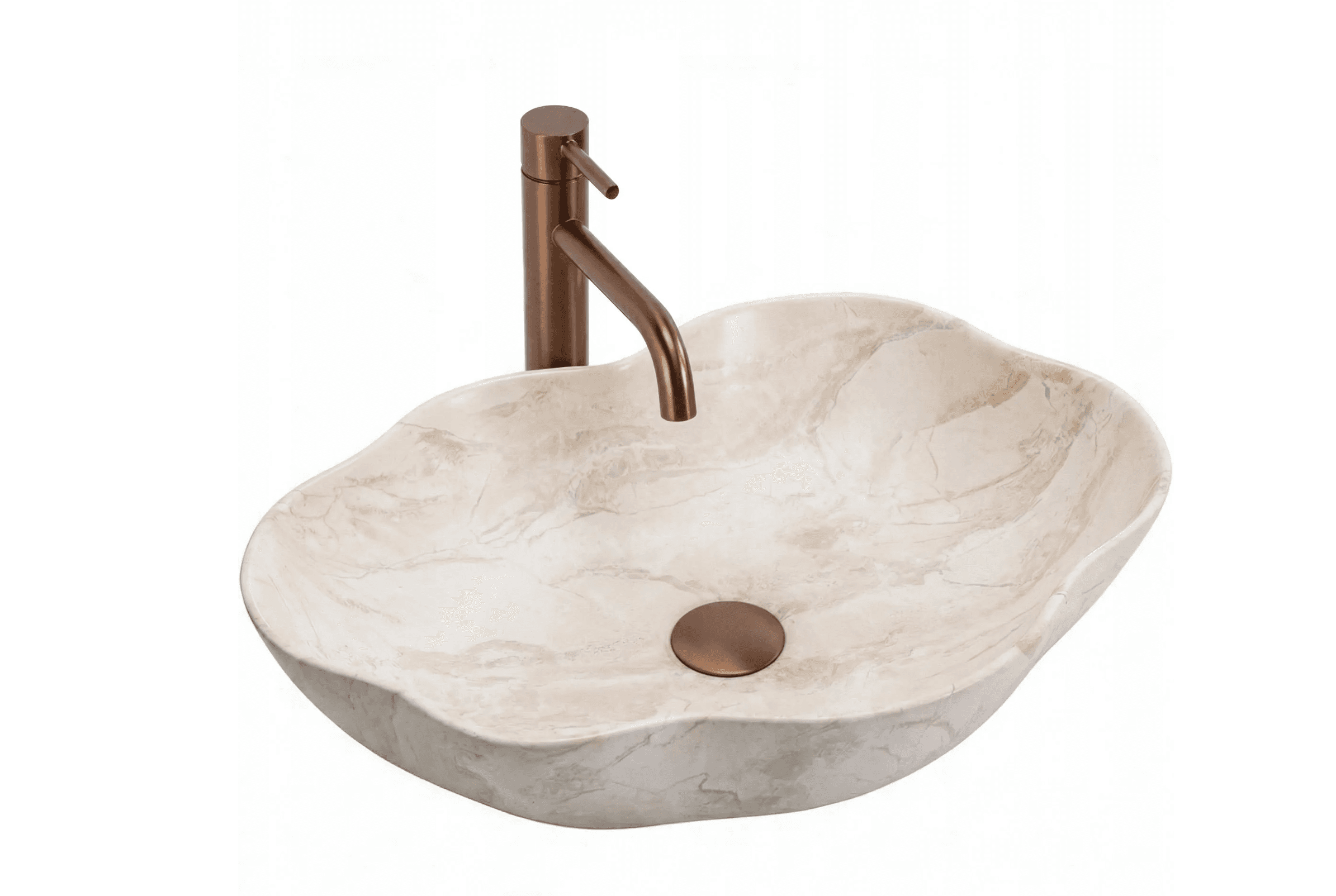 A vessel sink with a faucet, designed for bathroom use. The sink has an irregular, organic shape reminiscent of a natural stone formation. It is made of a material with a marble-like pattern, featuring cream and beige tones with brown veining. A matching bronze-toned faucet with a modern, angular design is installed. A circular drain cover, also in a bronze tone, is visible in the basin. — 3D model