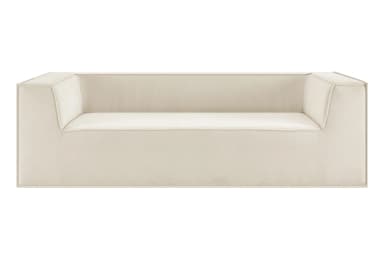 A cream-colored, minimalist sofa with a low profile and straight lines. It features a seamless upholstery that covers the seat, back, and armrests, which are integrated into a solid block form. The armrests have a slight inward slope from top to bottom. The overall design emphasizes a modern and understated aesthetic. — 3D model