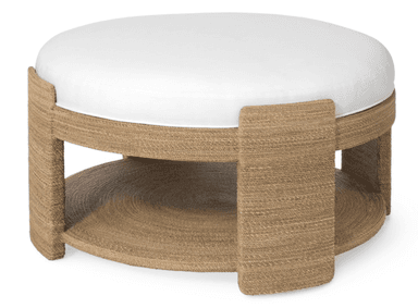 A circular ottoman featuring a natural woven jute rope base and an integrated circular lower shelf, topped with a plain white upholstered cushion. The base is crafted with vertical supports that extend above the cushion line, giving it a distinct profile. — 3D model