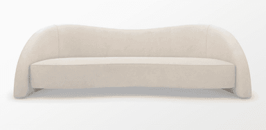 A contemporary sofa featuring a distinctive wavy backrest and seamlessly integrated rounded arms, fully upholstered in a light beige, velvet-like fabric. — 3D model