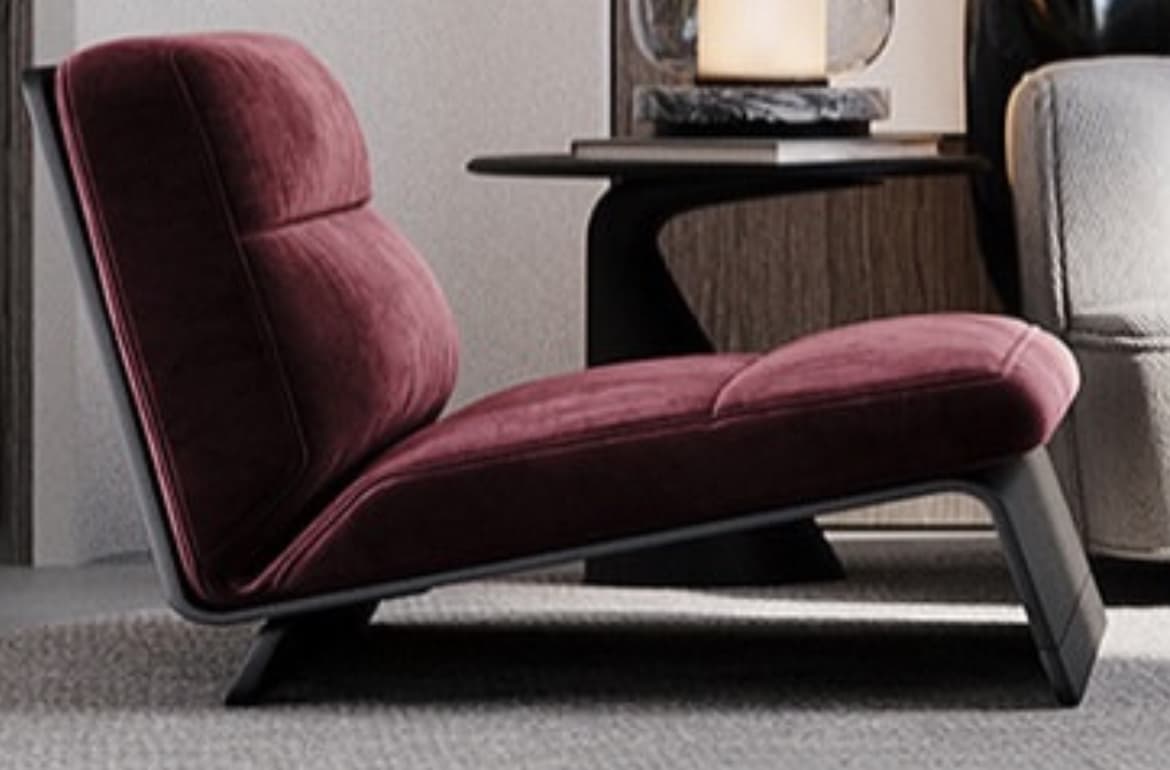A modern armless lounge chair with a deep plum upholstered seat and back on a dark metal cantilevered frame, designed for contemporary spaces. — 3D model