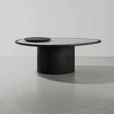 A contemporary coffee table featuring an irregular, organic-shaped light marble top supported by a substantial, dark-stained wood pedestal base. The design is minimalist and sculptural. — 3D model