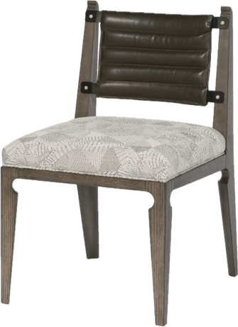 A dining chair with a wooden frame, featuring a cushioned seat upholstered in a patterned fabric and a padded backrest made of dark green leather with horizontal stitching. The frame has a visible wood grain and a gray-brown finish. The backrest is attached to the frame with leather straps and brass-colored hardware. — 3D model