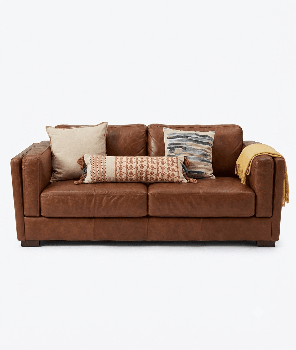 A three-seater sofa upholstered in rich, reddish-brown leather, featuring a contemporary design with clean lines and square track arms. It has a two-over-two cushion configuration with two plush seat cushions and two back cushions. The leather exhibits some natural variations and slight distressing, contributing to a lived-in aesthetic. The sofa rests on low, dark block feet and is accessorized with three decorative throw pillows and a yellow throw blanket. — 3D model