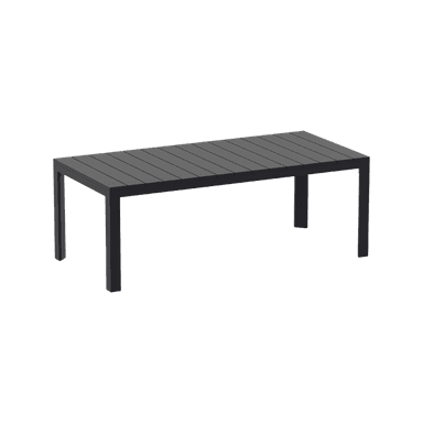 A dark grey rectangular coffee table with a slatted tabletop and straight, square legs. The design is minimalist and appears to be constructed from metal, suitable for outdoor use. — 3D model