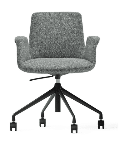A modern office chair with a high back and integrated armrests. The seat and back are upholstered in a textured grey fabric. The base consists of a central column supporting a five-star leg system, each leg fitted with a caster wheel for mobility. — 3D model