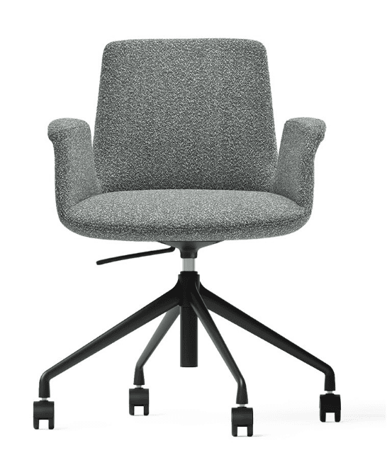 A modern office chair with a high back and integrated armrests. The seat and back are upholstered in a textured grey fabric. The base consists of a central column supporting a five-star leg system, each leg fitted with a caster wheel for mobility. — 3D model