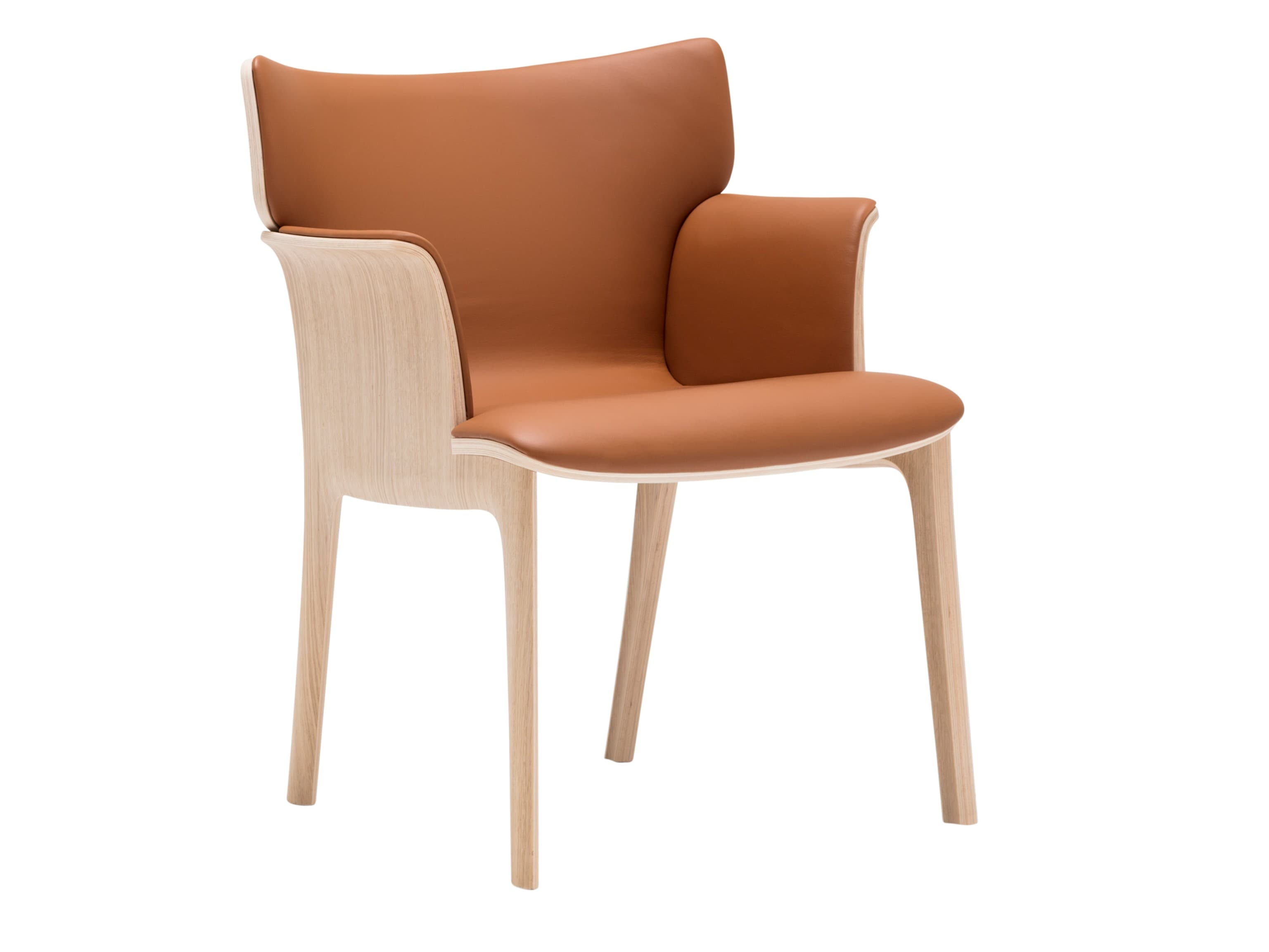 A modern armchair with a molded plywood frame and upholstered seat, back, and armrests. The base consists of four tapered legs. The material contrast between the natural wood grain and the smooth leather upholstery is a prominent design feature. — 3D model