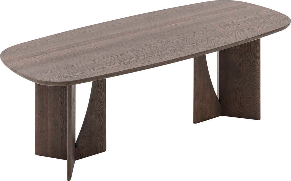 An elongated oval wooden dining table featuring a dark, natural wood grain finish and supported by two distinctive sculptural pedestal bases. — 3D model