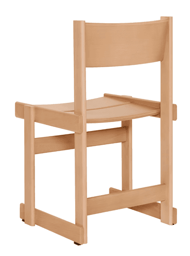 A light-colored wooden chair with a simple, modern design. It features a gently curved seat and a flat backrest supported by vertical posts. The frame is constructed from solid wood pieces, including legs and horizontal stretchers that provide stability. — 3D model