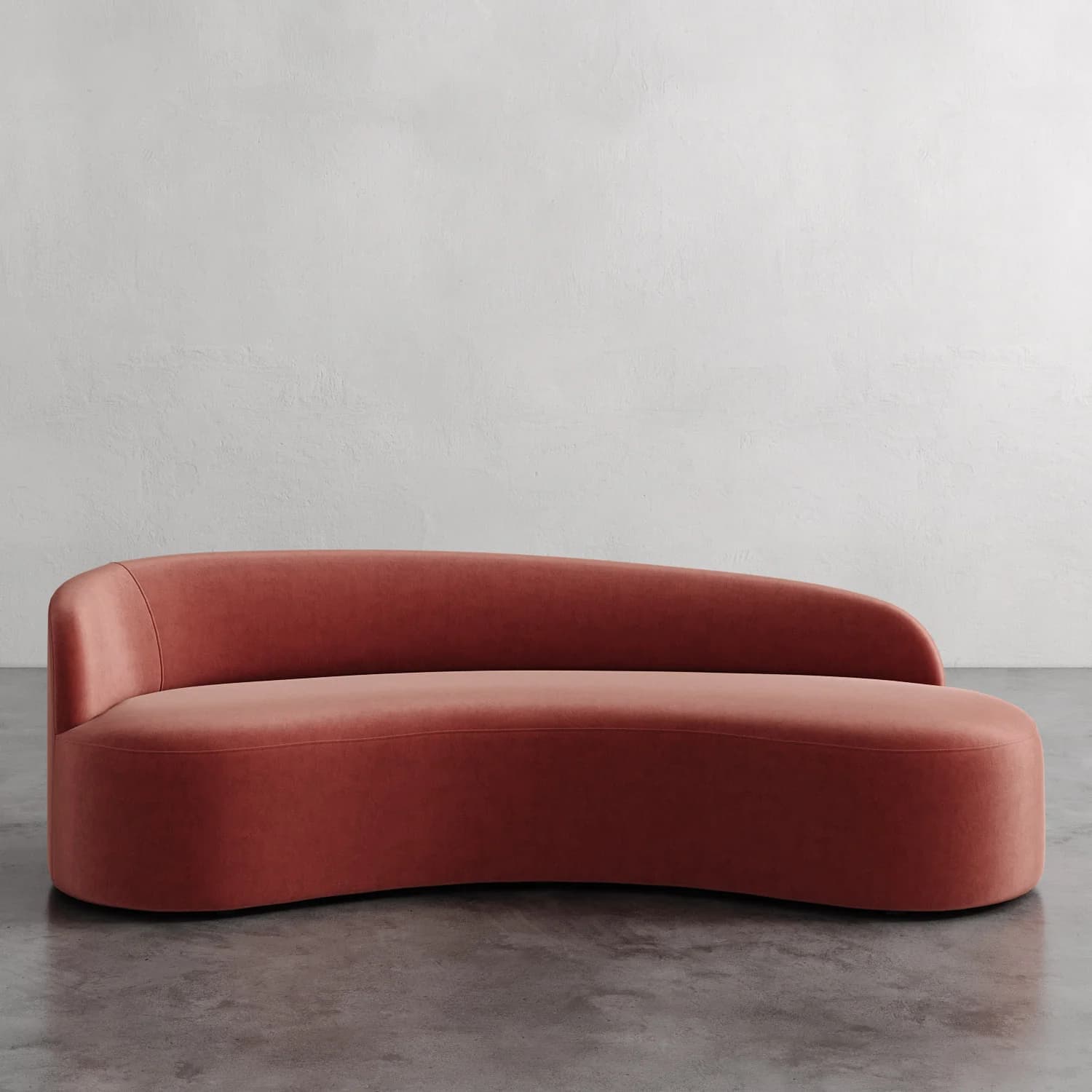 A modern, curved sofa with a single-piece upholstered frame and a low profile. The sofa features a sinuous, organic shape that curves inward and has a distinct asymmetry with one side featuring a higher backrest that extends further. — 3D model