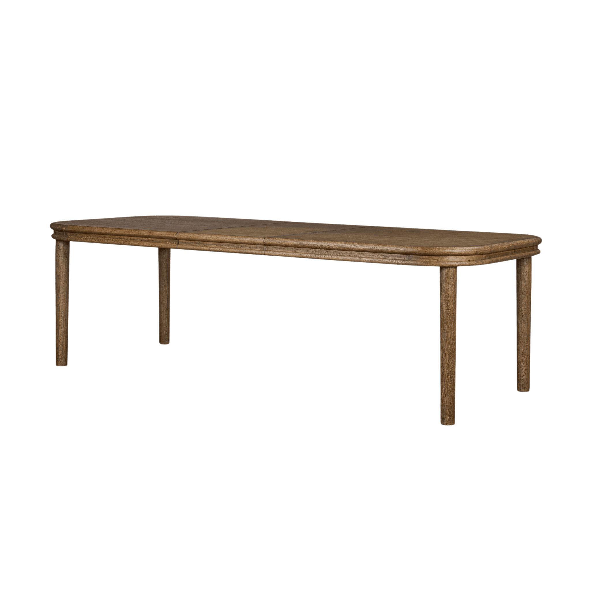 A wooden dining table with a rectangular top and rounded corners. The table has a planked surface and four cylindrical legs. The design appears modern with a natural wood finish. — 3D model