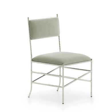A contemporary side chair featuring a polished metal frame and upholstered seat and back. The frame is slender and appears to have decorative, possibly bamboo-inspired, joint detailing. The seat and backrest are upholstered in a light sage green fabric. The chair includes X-shaped stretchers for stability. — 3D model