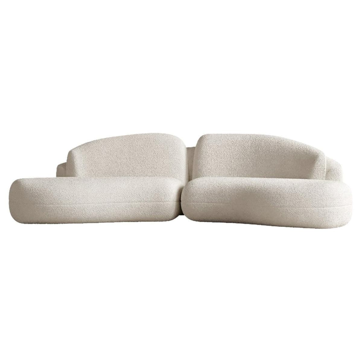 A modular sofa with a distinctive rounded, organic form. It appears to be composed of two main sections and a chaise lounge element, all upholstered in a textured, boucle-like fabric. The sofa features low-profile arms that blend seamlessly into the body and a continuous, flowing silhouette. — 3D model