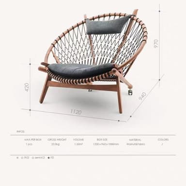 A stylish lounge chair featuring a circular wooden frame, a woven rope backrest, and dark grey fabric cushions, with casters on the front legs. — 3D model