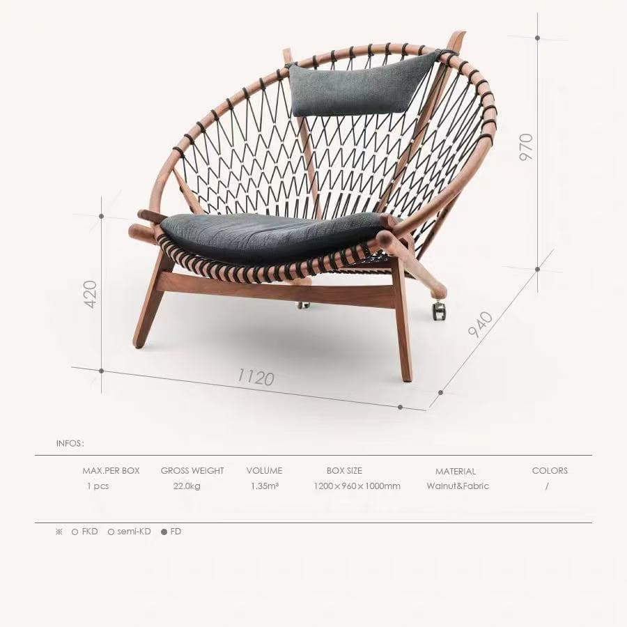 A stylish lounge chair featuring a circular wooden frame, a woven rope backrest, and dark grey fabric cushions, with casters on the front legs. — 3D model