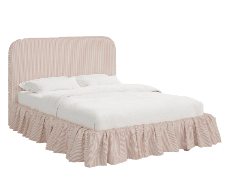 A fully upholstered platform bed featuring a rounded headboard and a ruffled bed skirt. The entire frame, including the headboard and skirt, is covered in a fabric with narrow pink and white vertical stripes. The bed is presented with white bedding. — 3D model