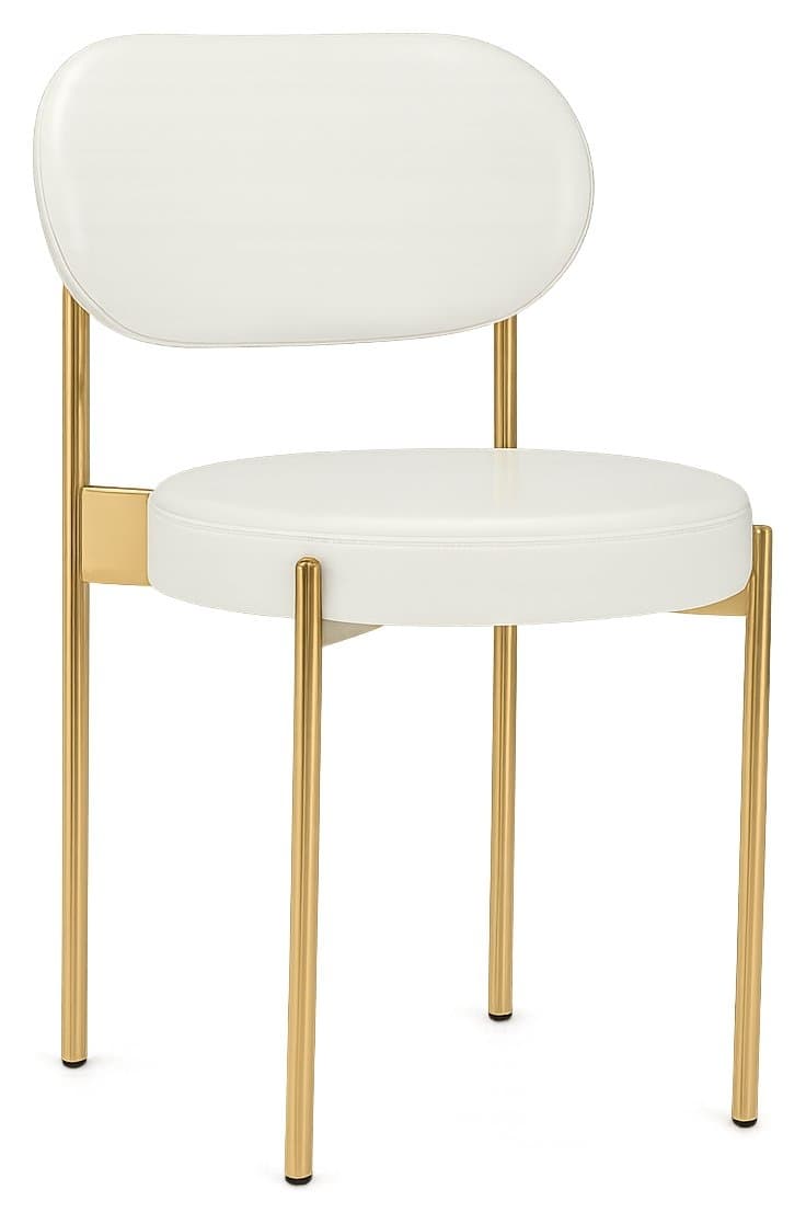 An elegant contemporary dining chair featuring a white upholstered seat and backrest, supported by a slender gold-finished metal frame. — 3D model