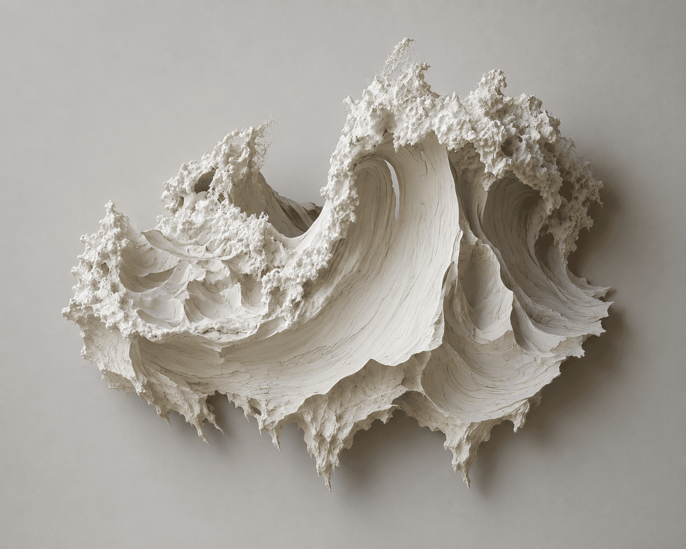 An abstract, organic sculpture featuring complex, wave-like forms and highly textured surfaces. The piece exhibits a flowing, dynamic composition with varied depths, including concave hollows and sharp, spiky projections. Its off-white or light grey color emphasizes the intricate shadows and highlights cast by its three-dimensional structure. — 3D model