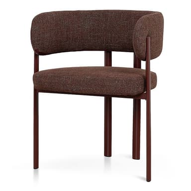 An armless contemporary chair featuring a textured brown fabric upholstery on both its seat and backrest. The chair is supported by a slender, dark brown tubular metal frame that forms the legs and provides structural support. A distinctive design element includes two prominent, vertical, cylindrical metal bars positioned centrally on the back, appearing to extend from the seat level upwards to frame the backrest. — 3D model