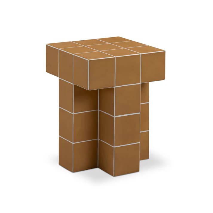 A square side table with a stepped design, constructed from stacked cubic modules. The top surface is a 3x3 grid of cubes, and the base is formed by four vertical columns of cubes arranged in a cross-like pattern. The edges of each cube are highlighted with a thin white or silver trim. — 3D model