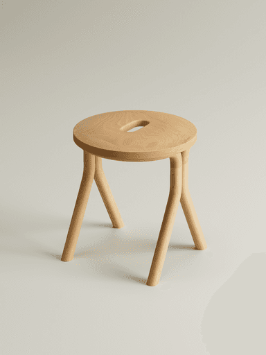 A modern stool crafted from light-toned natural wood, featuring a circular seat with an integrated elliptical handle. It is supported by three splayed legs that provide a stable base and contribute to its minimalist aesthetic. The wood has a smooth finish, highlighting its natural grain. — 3D model