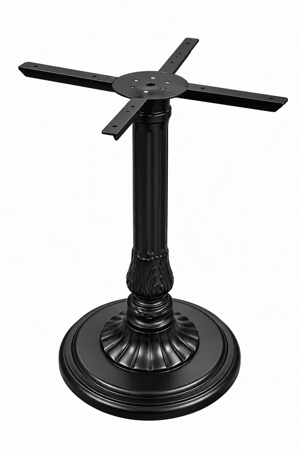 An ornate black table base, featuring a round, stable foot, a fluted pedestal column with acanthus leaf details, and a cross-shaped top plate for attaching a tabletop. The base is finished in a matte black. — 3D model