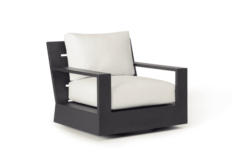 A contemporary outdoor swivel lounge chair featuring a robust, dark gray aluminum frame with clean lines and a geometric silhouette. The chair is upholstered in plush, off-white cushions for the seat and back, offering comfort and contrast. Its design includes wide, supportive armrests and a slatted backrest for a modern aesthetic. The base incorporates a visible swivel mechanism, allowing for 360-degree rotation, suggesting versatility and ease of use in outdoor living spaces. — 3D model