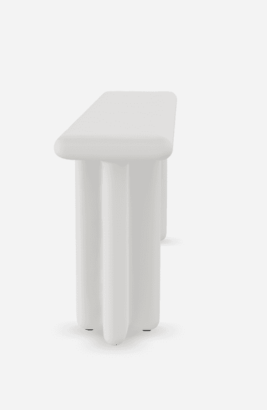 A minimalist bench with a rectangular seat and two vertical supports that appear to be fused or molded together in a single piece. The edges of the seat are rounded. The structure has a clean, modern aesthetic. — 3D model