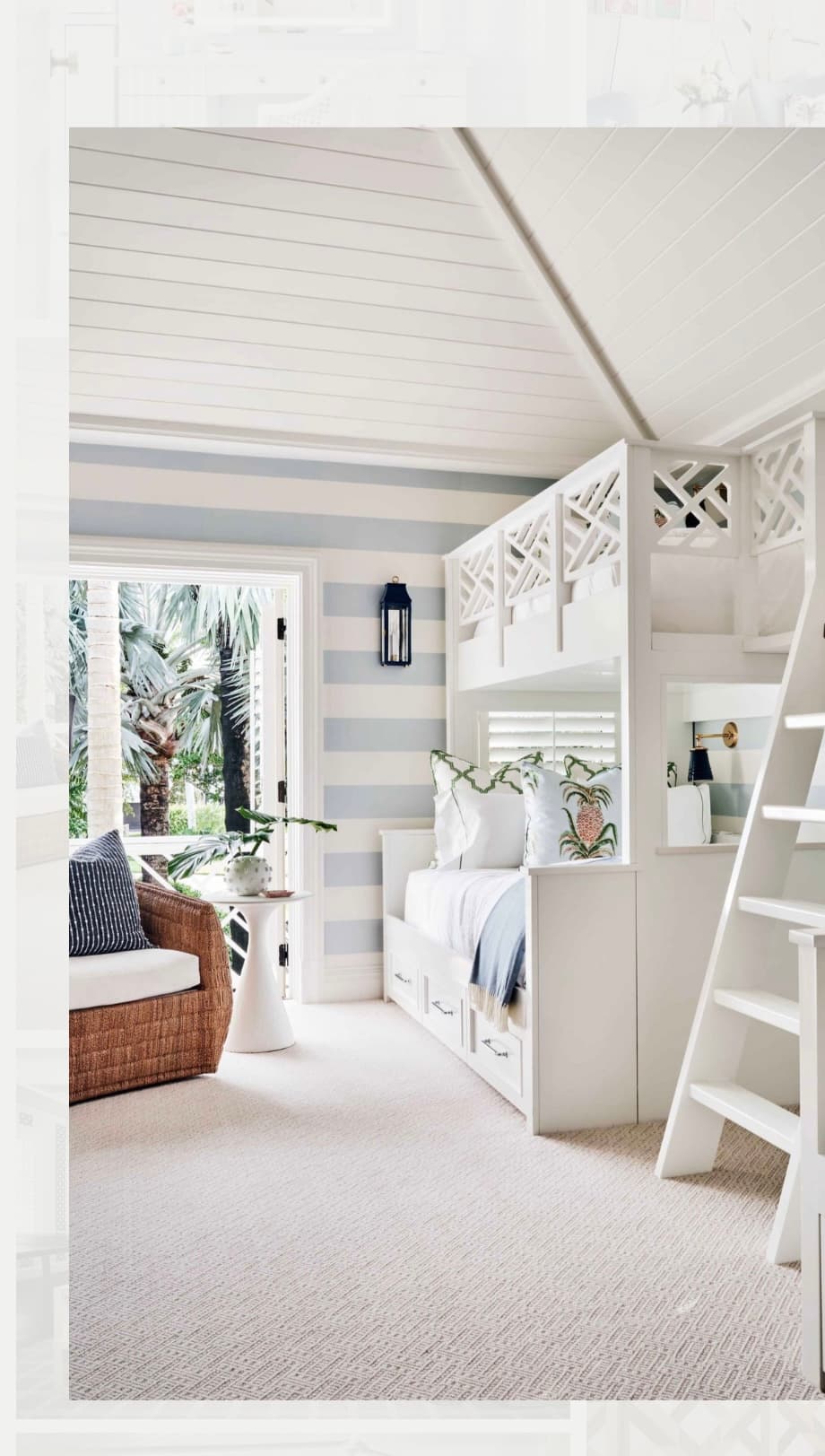A white wooden full-over-twin bunk bed featuring a lower full-size bed and an upper twin-size bed. The top bunk is enclosed by decorative geometric-patterned railings. An integrated ladder provides access to the top bunk. The bottom bunk includes three functional drawers for storage underneath. The entire structure is finished in a clean white color. — 3D model