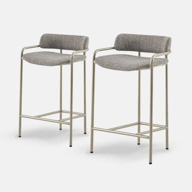 A contemporary bar stool featuring a slender tubular metal frame, upholstered seat, and a curved backrest that seamlessly extends into armrests. The stool includes a built-in footrest and sits on four straight legs. — 3D model